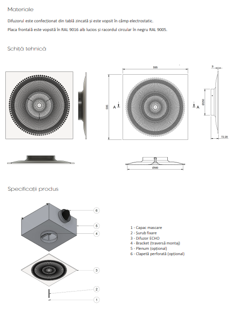 Difuzor Arhitectural Pătrat 595x595mm cu Perforații Circulare - Model ECHO