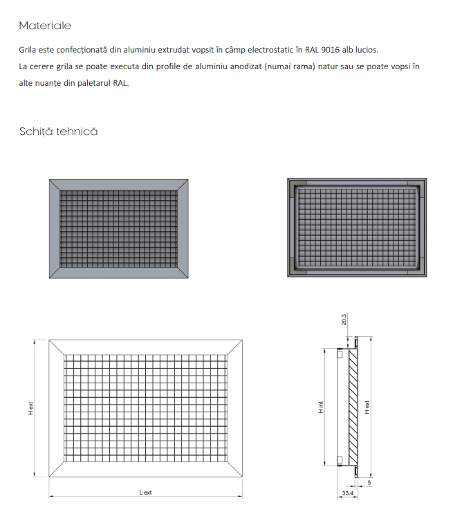 Grila de Aspiratie din Aluminiu cu Miez Tip Fagure la 45° EG-45 - Ventilatie si Recirculare Aer