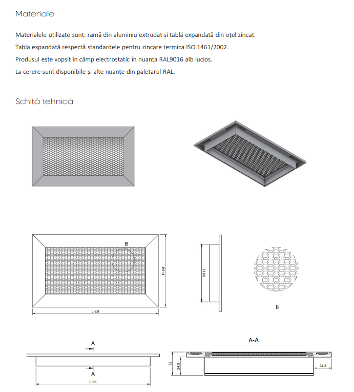 Grila de Ventilatie si Mascare din Tabla Expandata cu Racord RP-R - Rama Aluminiu