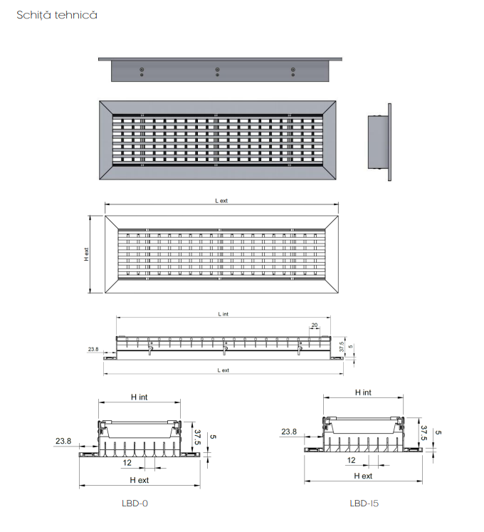 Grilă Liniară Decor cu Lamele Fixe 15° din Aluminiu și Dublu Deflector - Grilă Ventilație Liniară