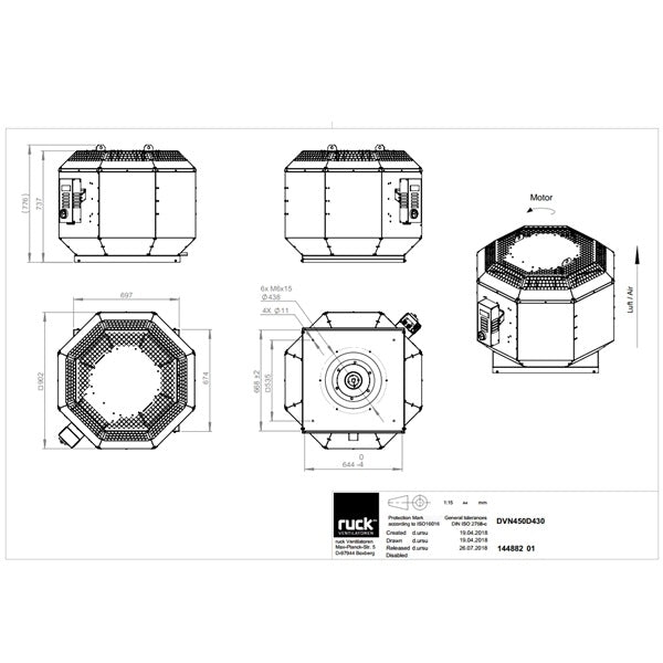 Dimensiuni ventilator de acoperis Ruck DVN 450 D4 30 — cod RUCK 144882