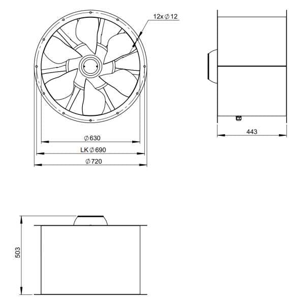 Dimensiuni ventilator de tubulatura 630 mm Ruck AL 630 D4 01 | Cod 154152