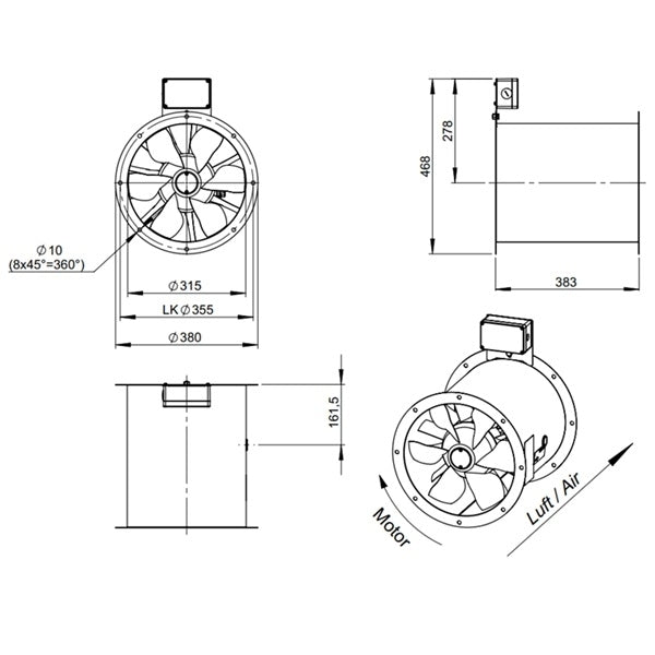 Dimensiuni ventilator de tubulatura Ruck AL 315 D4 F4 01 | Cod 154702