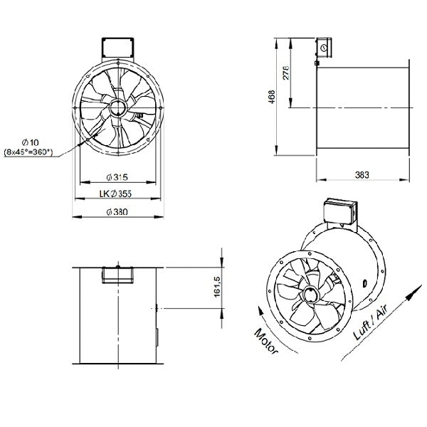 Dimensiuni ventilator de tubulatura Ruck AL 315 D2 F4 01 | Cod 154703