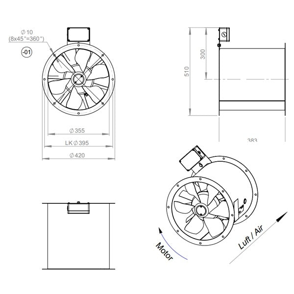 Dimensiuni ventilator de tubulatura Ruck AL 355 D2 F4 01 | Cod 154705