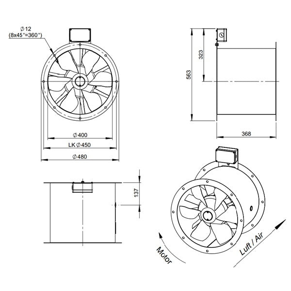 Dimensiuni ventilator de tubulatura Ruck AL 400 D4 F4 01 | Cod 154706