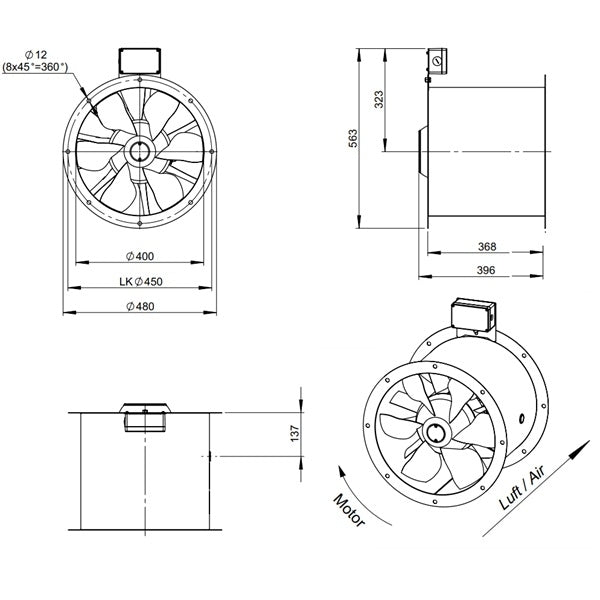 Dimensiuni ventilator de tubulatura Ruck AL 400 D2 F4 01 | Cod 154707