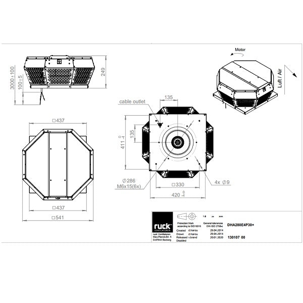 Dimensiuni ventilator de acoperis Ruck DHA 280 E4P 30 — cod RUCK 130107