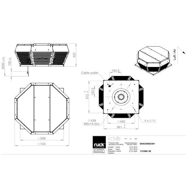 Dimensiuni ventilator de acoperis Ruck DHA 355 E4 30 — cod RUCK 131089