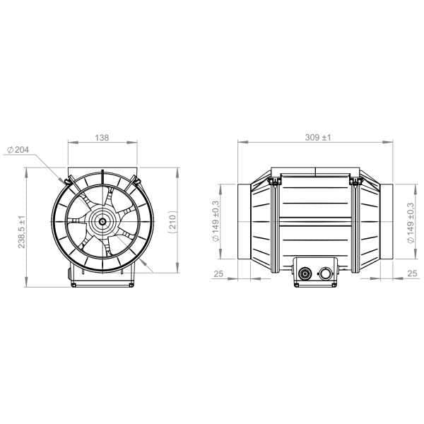 Ventilator de tubulatură Ruck EM 150L E2M 01, DN150 — desen tehnic cu dimensiuni