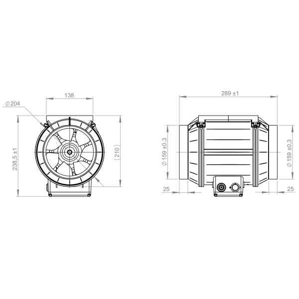 Ventilator de tubulatură Ruck EM 160L E2M 01, DN160 — desen tehnic cu dimensiuni