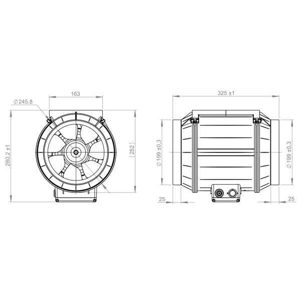Ventilator de tubulatură Ruck EM 200 E2M 01, DN200 — desen tehnic cu dimensiuni
