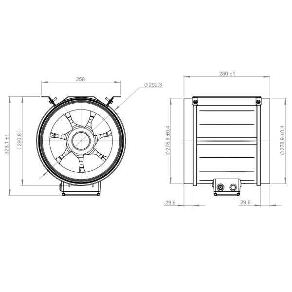 Ventilator de tubulatură Ruck EM 280 E2M 01, DN280 — desen tehnic cu dimensiuni