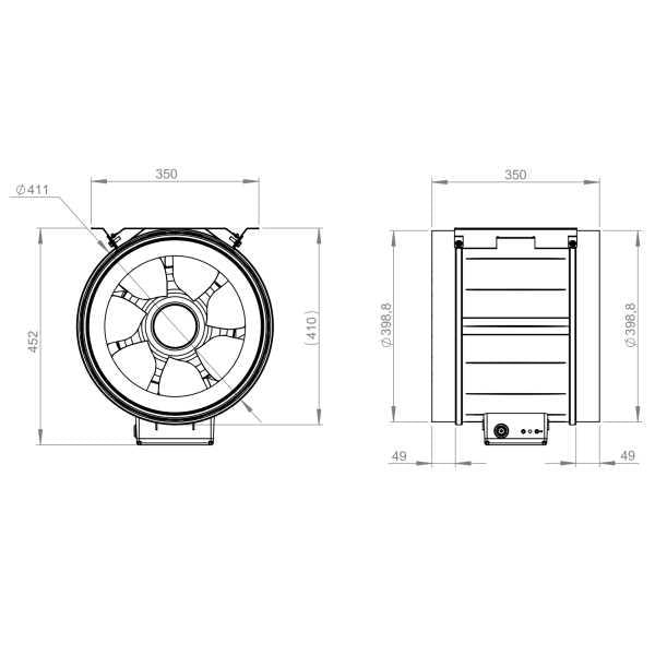 Ventilator de tubulatură Ruck EM 400 E4M 01, DN400 — desen tehnic cu dimensiuni