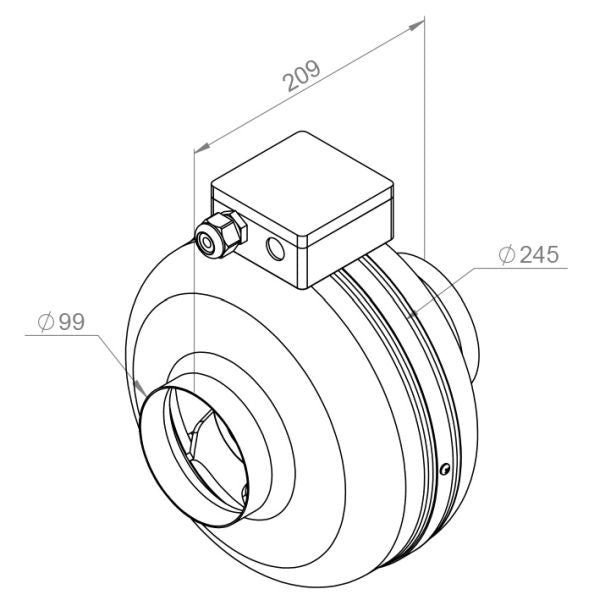 Ventilator tubulatură Ø100mm - RUCK RS 100L 20 - Radial - 250 mc/h - 143351 - 28 W - Motor AC - 230V/50Hz - 235 Pa - IPX4