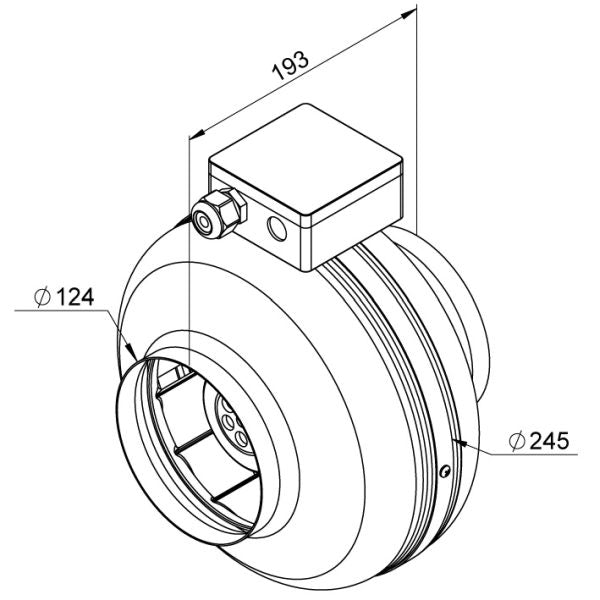 Ventilator de tubulatură Ruck RS 125, DN125 — desen tehnic cu dimensiuni