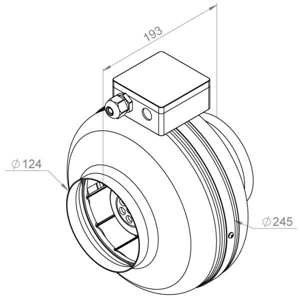 Ventilator de tubulatură Ruck RS 125L, DN125 — desen tehnic cu dimensiuni