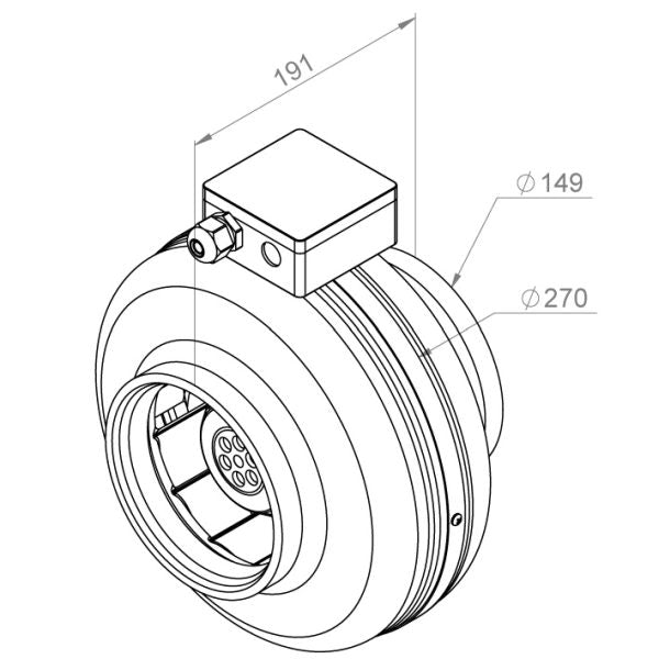 Ventilator de tubulatură Ruck RS 150, DN150 — desen tehnic cu dimensiuni