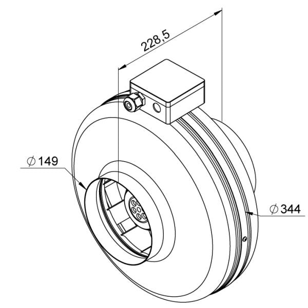 Ventilator de tubulatură Ruck RS 150L, DN150 — desen tehnic cu dimensiuni