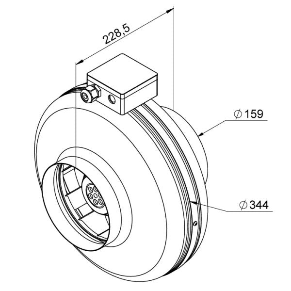 Ventilator de tubulatură Ruck RS 160L, DN160 — desen tehnic cu dimensiuni