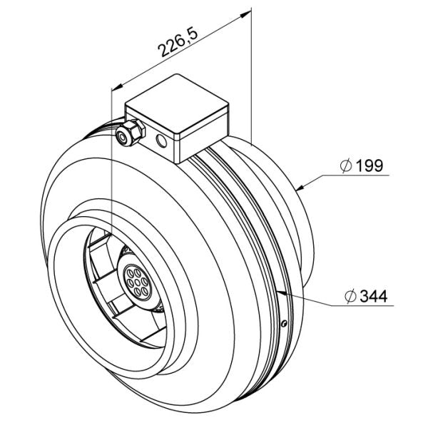 Ventilator de tubulatură Ruck RS 200, DN200 — desen tehnic cu dimensiuni