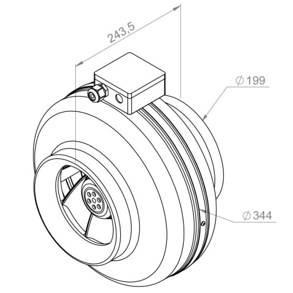Ventilator de tubulatură Ruck RS 200L 10, DN200 — desen tehnic cu dimensiuni