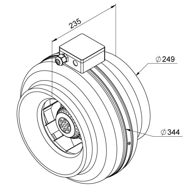Ventilator de tubulatură Ruck RS 250, DN250 — desen tehnic cu dimensiuni