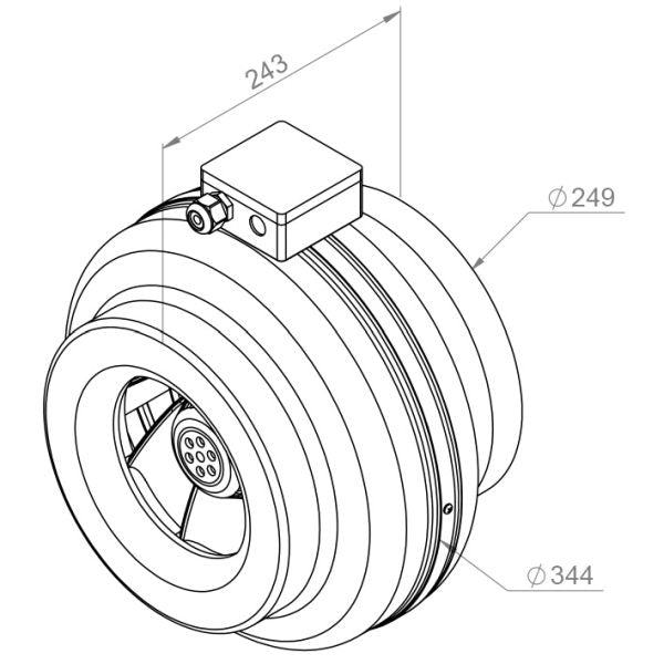 Ventilator de tubulatură Ruck RS 250L 10, DN250 — desen tehnic cu dimensiuni